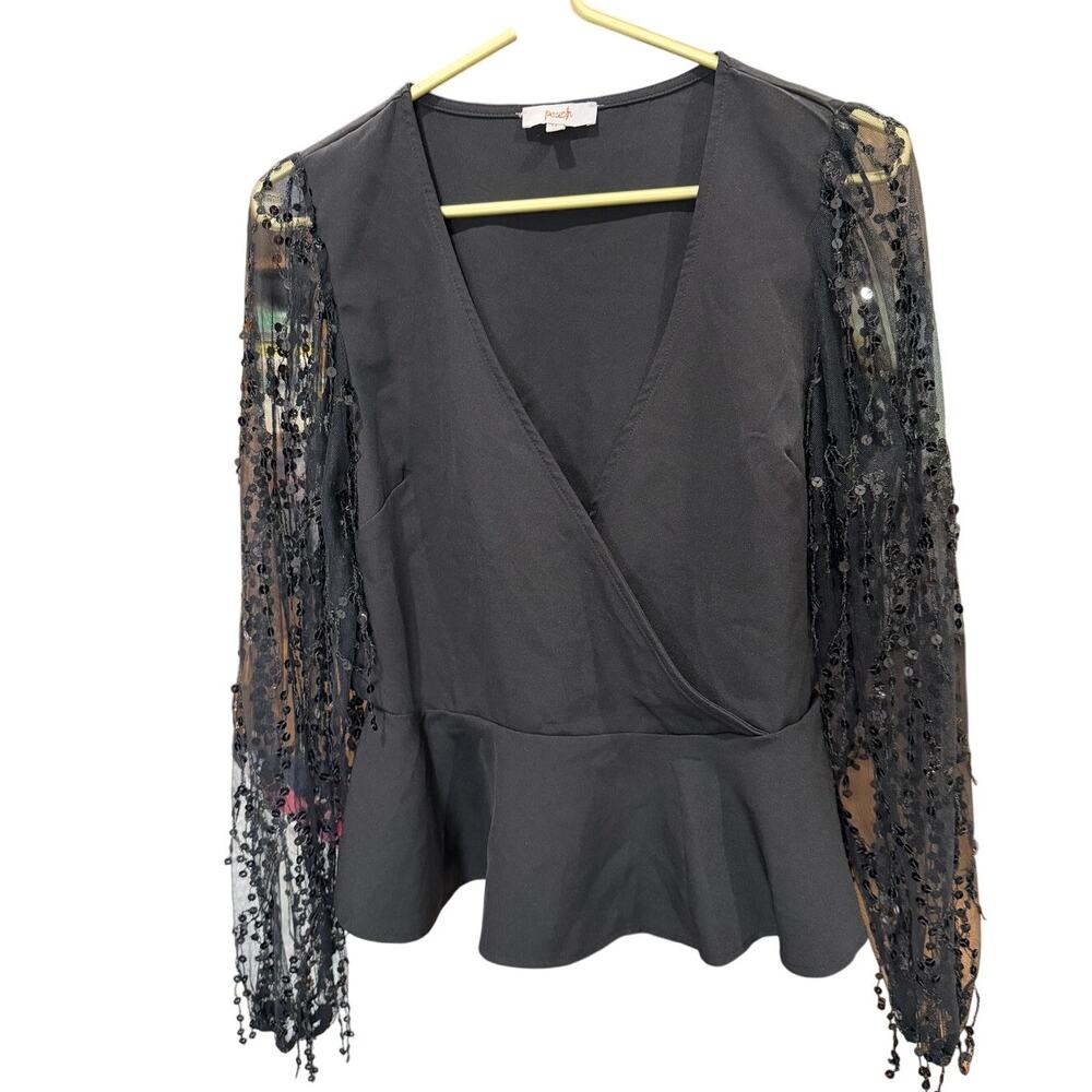 Peach Love California Black Sequin Sleeve Peplum Top Faux Wrap Size M - Picture 3 of 7